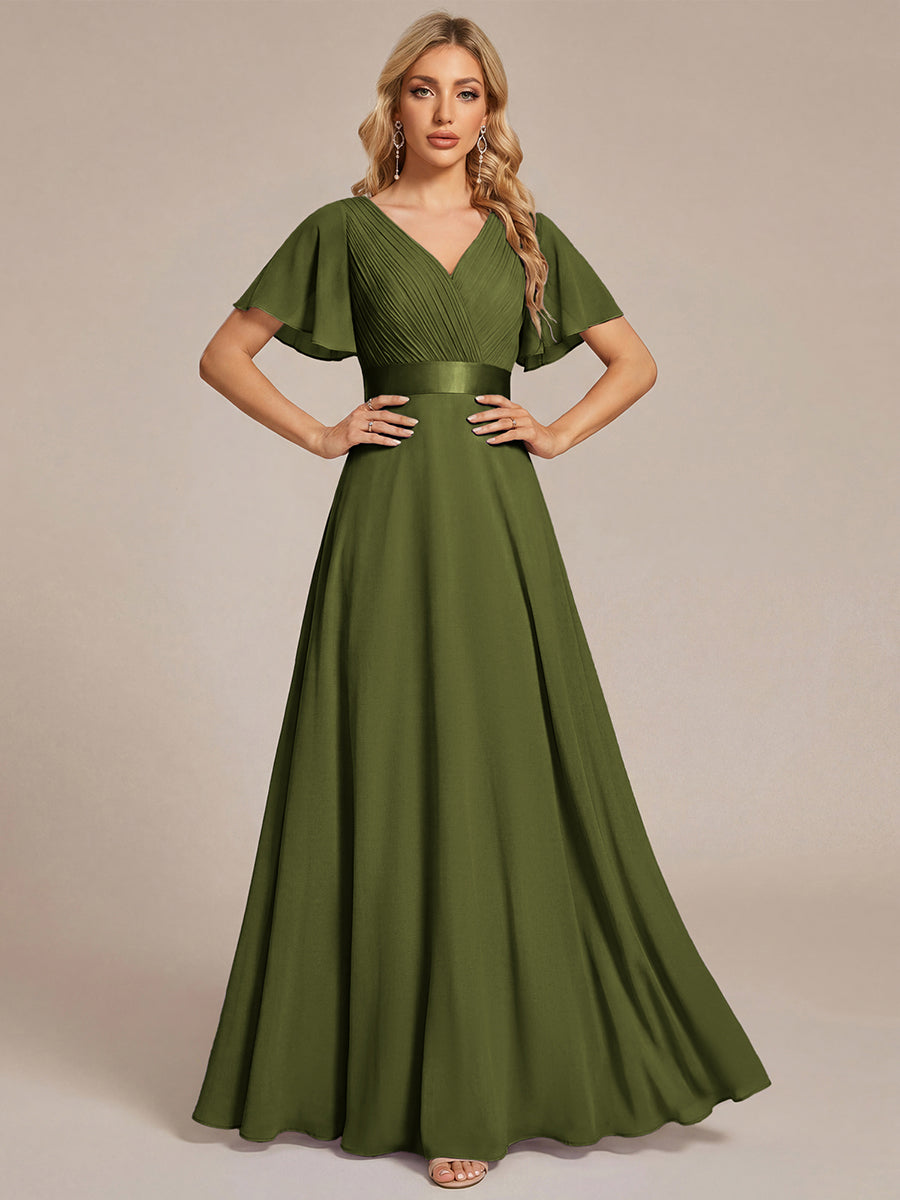Color=Olive Green | B2B-Exclusive Short Sleeve Ruffle V-Neck Pleated A-Line Floor Length Bridesmaid Dresses-Olive Green 21
