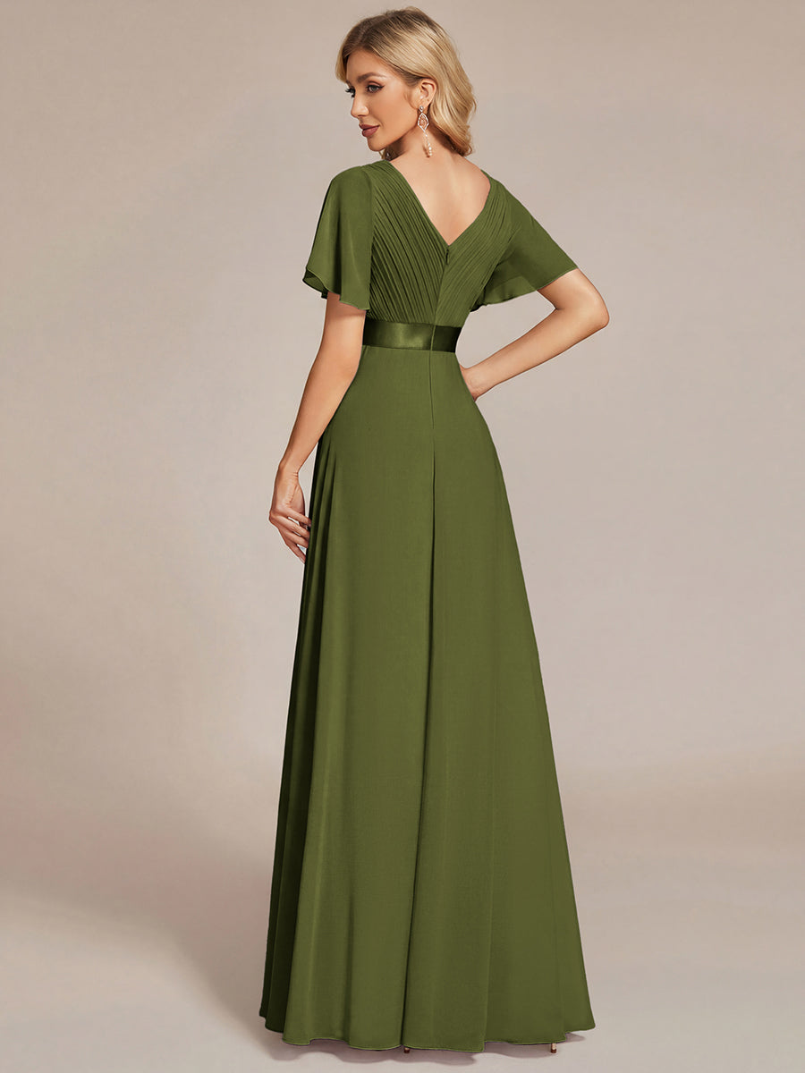 Color=Olive Green | B2B-Exclusive Short Sleeve Ruffle V-Neck Pleated A-Line Floor Length Bridesmaid Dresses-Olive Green 22