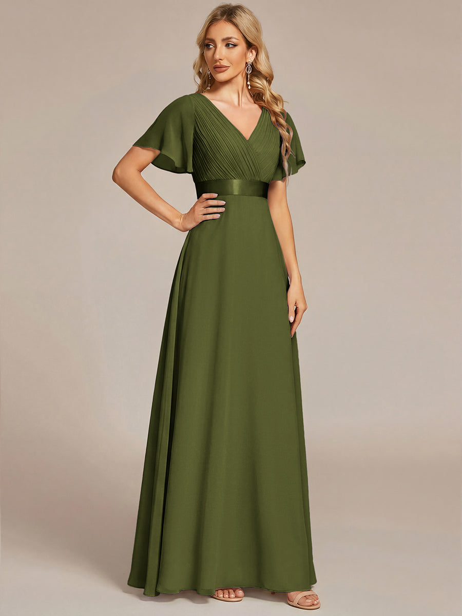 Color=Olive Green | B2B-Exclusive Short Sleeve Ruffle V-Neck Pleated A-Line Floor Length Bridesmaid Dresses-Olive Green 24