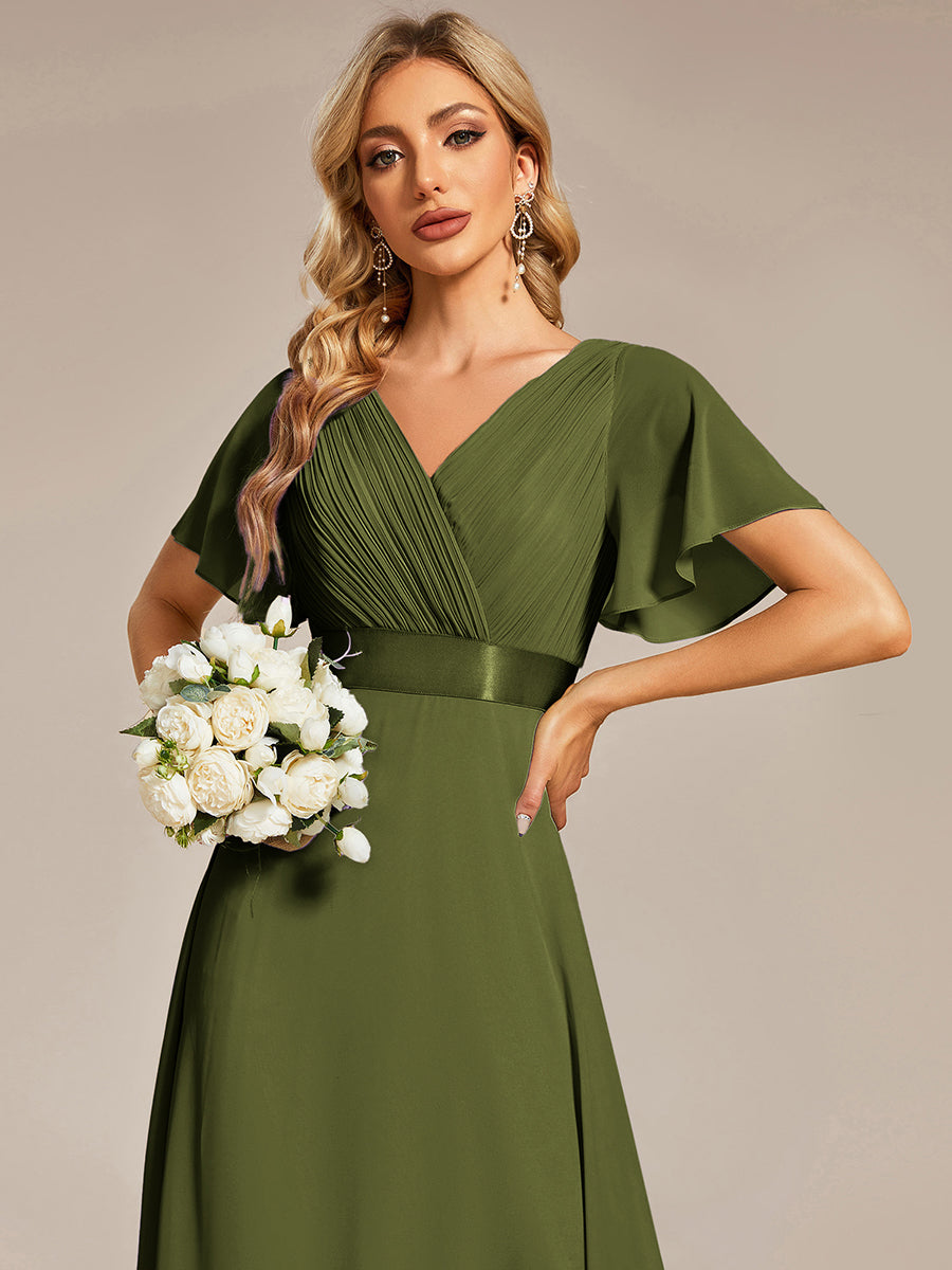 Color=Olive Green | B2B-Exclusive Short Sleeve Ruffle V-Neck Pleated A-Line Floor Length Bridesmaid Dresses-Olive Green 23