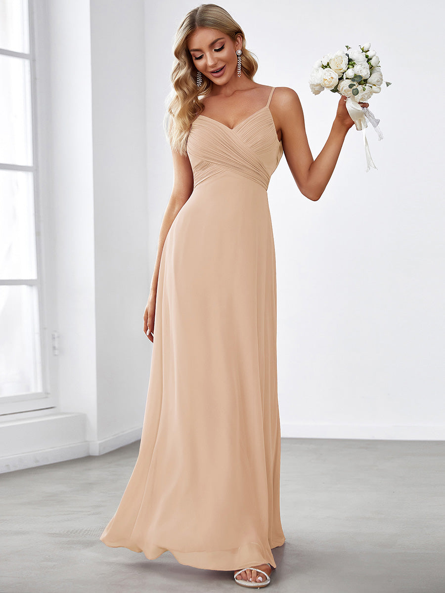 Color=Blush | Bulk Order Sleeveless V-Neck Pleated Backless A-Line Floor Length Bridesmaid Dresses-Blush 4