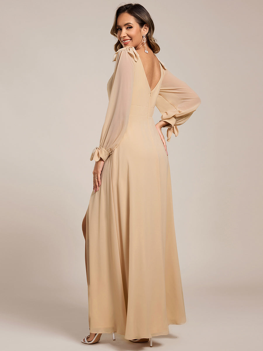 Color=Charcoal  | Long Lantern Sleeves A Line V Neck Wholesale Bridesmaid Dresses-Charcoal 7