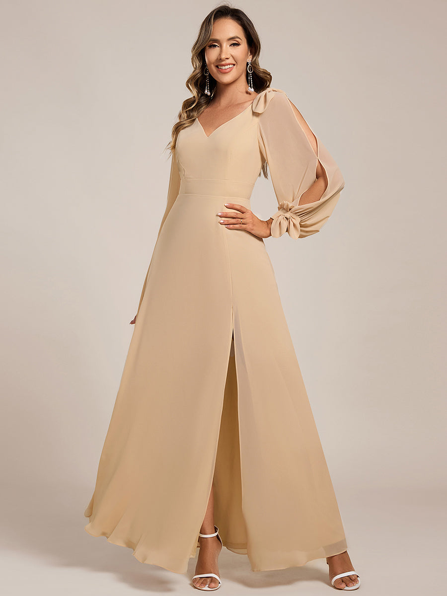 Color=Charcoal  | Long Lantern Sleeves A Line V Neck Wholesale Bridesmaid Dresses-Charcoal 10