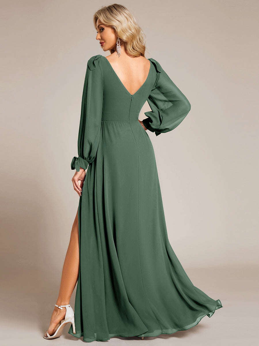 Color=Eucalyptus  | Long Lantern Sleeves A Line V Neck Wholesale Bridesmaid Dresses-Eucalyptus 12