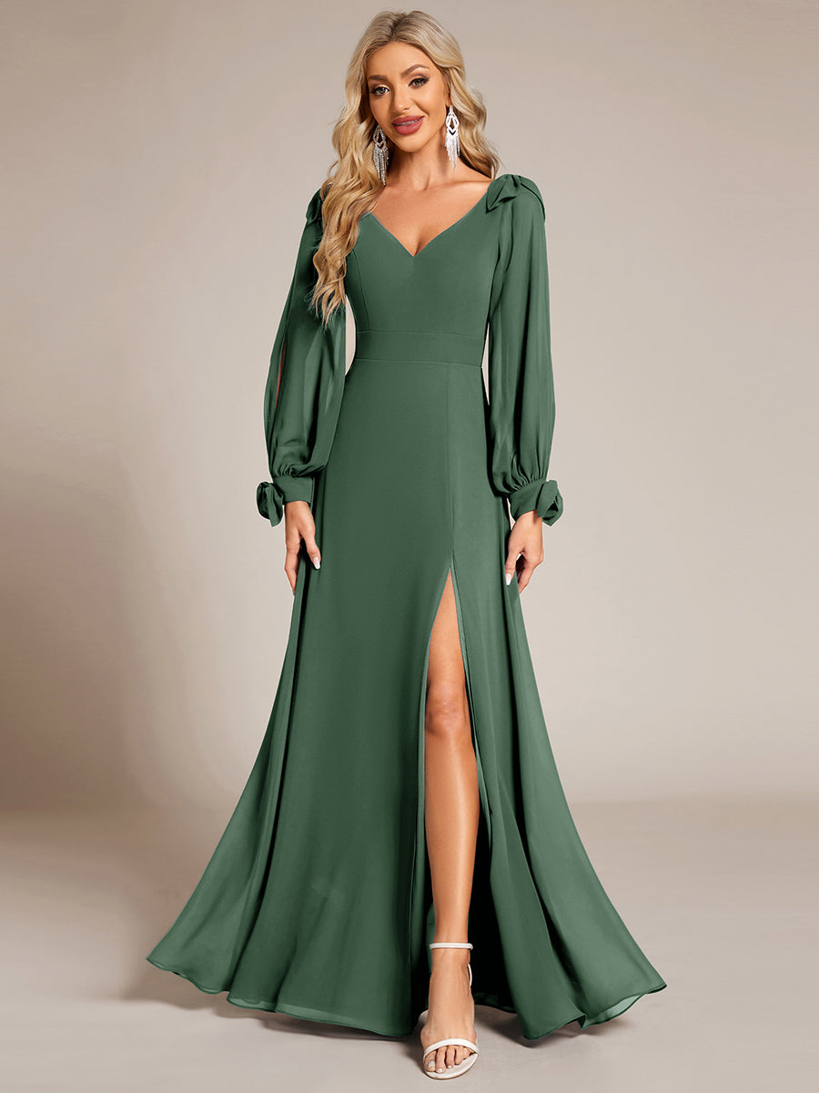 Color=Eucalyptus  | Long Lantern Sleeves A Line V Neck Wholesale Bridesmaid Dresses-Eucalyptus 15