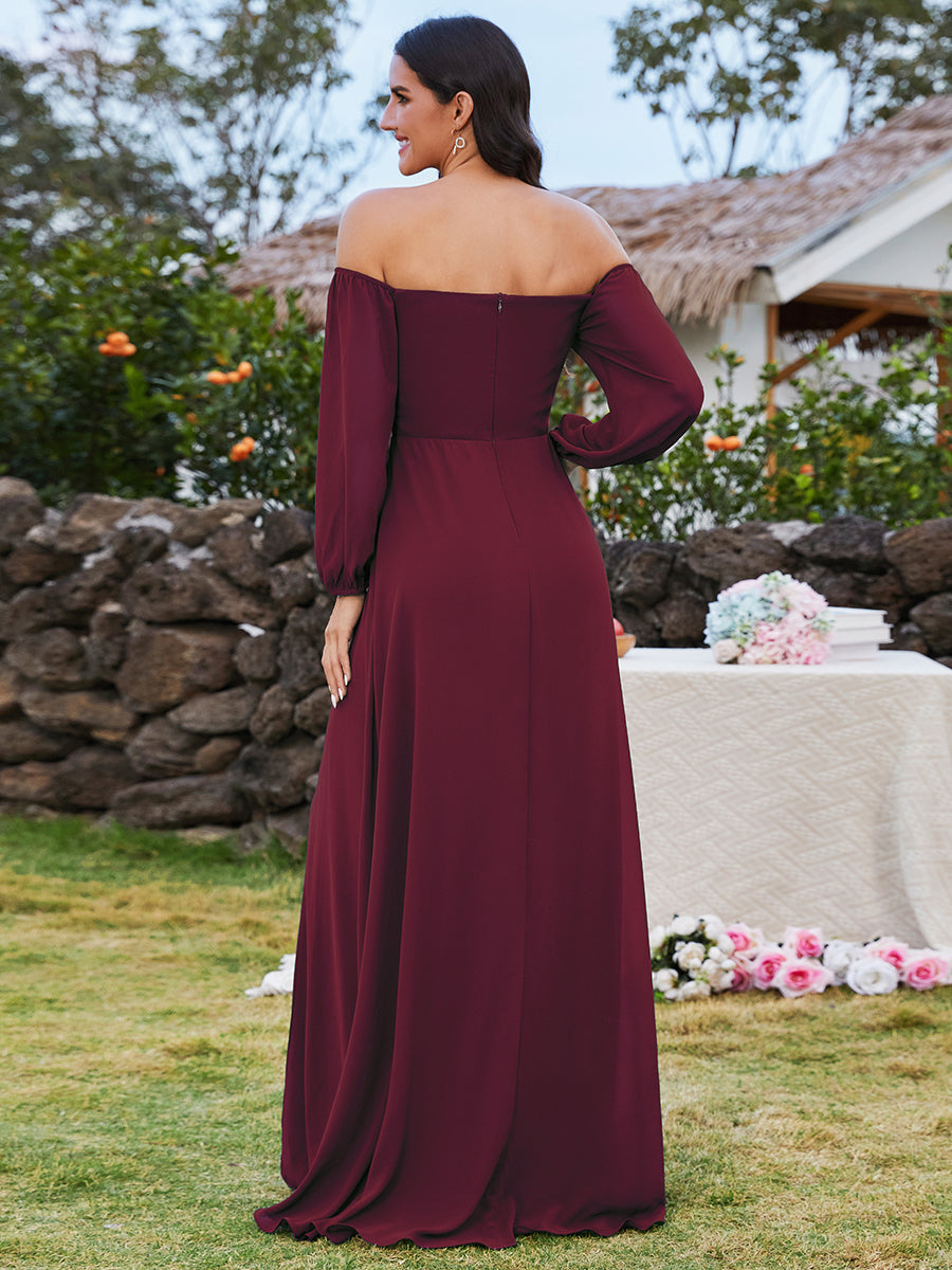 Color=Burgundy | Chiffon Maxi Long One Shoulder Wholesale Evening Dresses With Lantern Sleeves-Burgundy 10