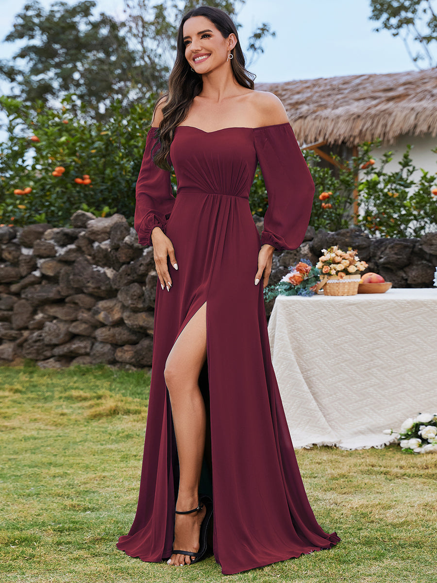 Color=Burgundy | Chiffon Maxi Long One Shoulder Wholesale Evening Dresses With Lantern Sleeves-Burgundy 9