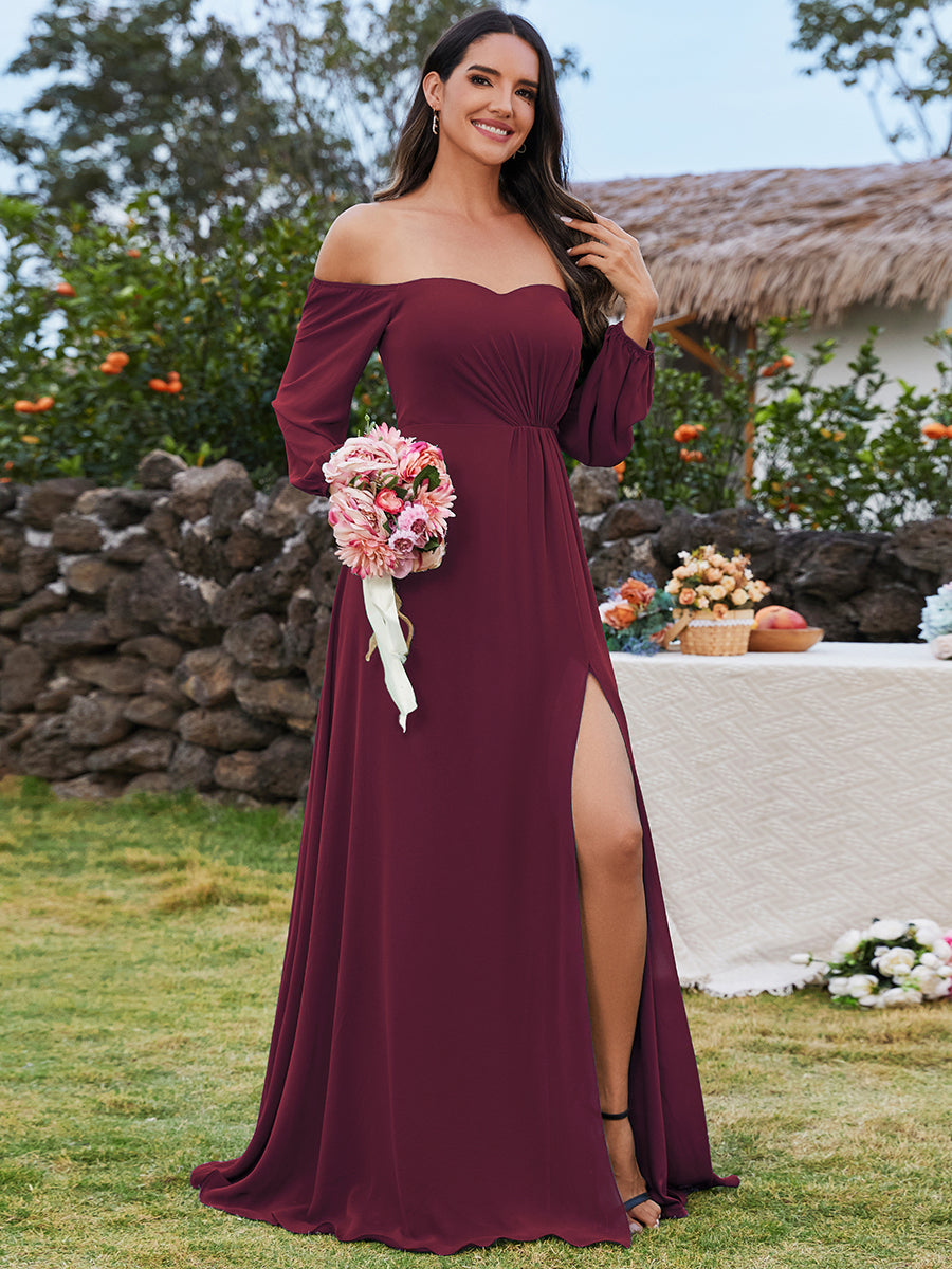 Color=Burgundy | Chiffon Maxi Long One Shoulder Wholesale Evening Dresses With Lantern Sleeves-Burgundy 7