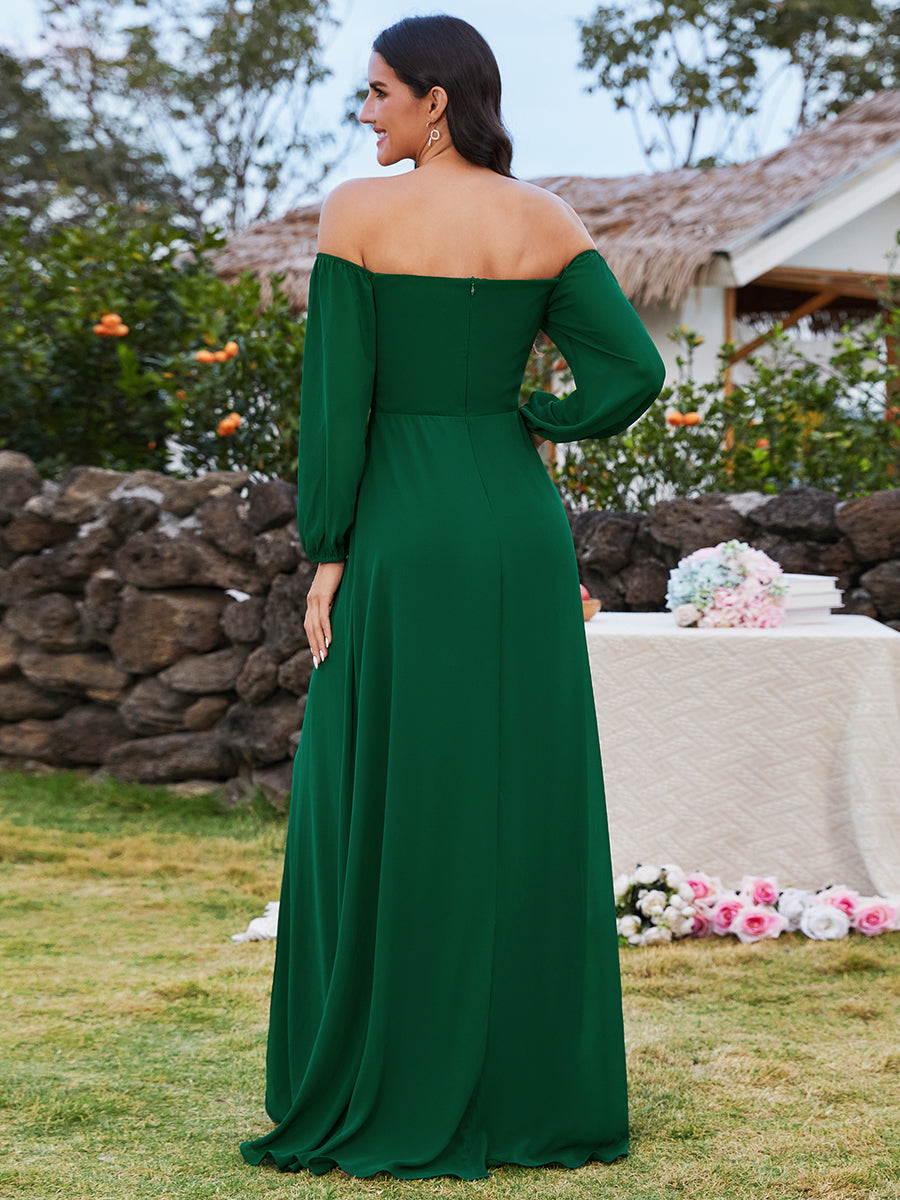 Color=Dark Green | Chiffon Maxi Long One Shoulder Wholesale Evening Dresses With Lantern Sleeves-Dark Green 15