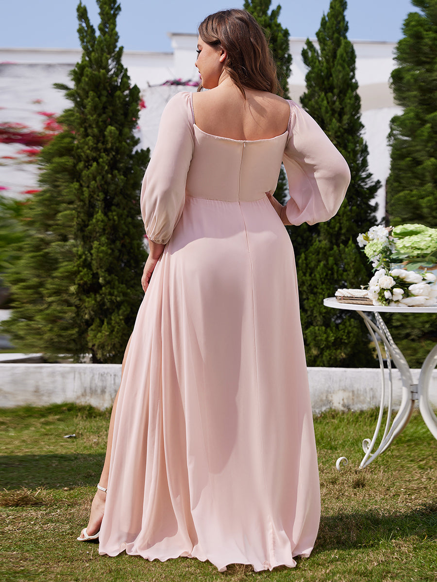 Color=Pink | Chiffon Maxi Long One Shoulder Wholesale Evening Dresses With Lantern Sleeves-Pink 1