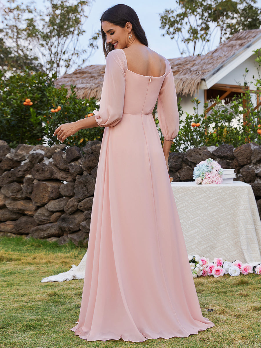 Color=Pink | Chiffon Maxi Long One Shoulder Wholesale Evening Dresses With Lantern Sleeves-Pink 4