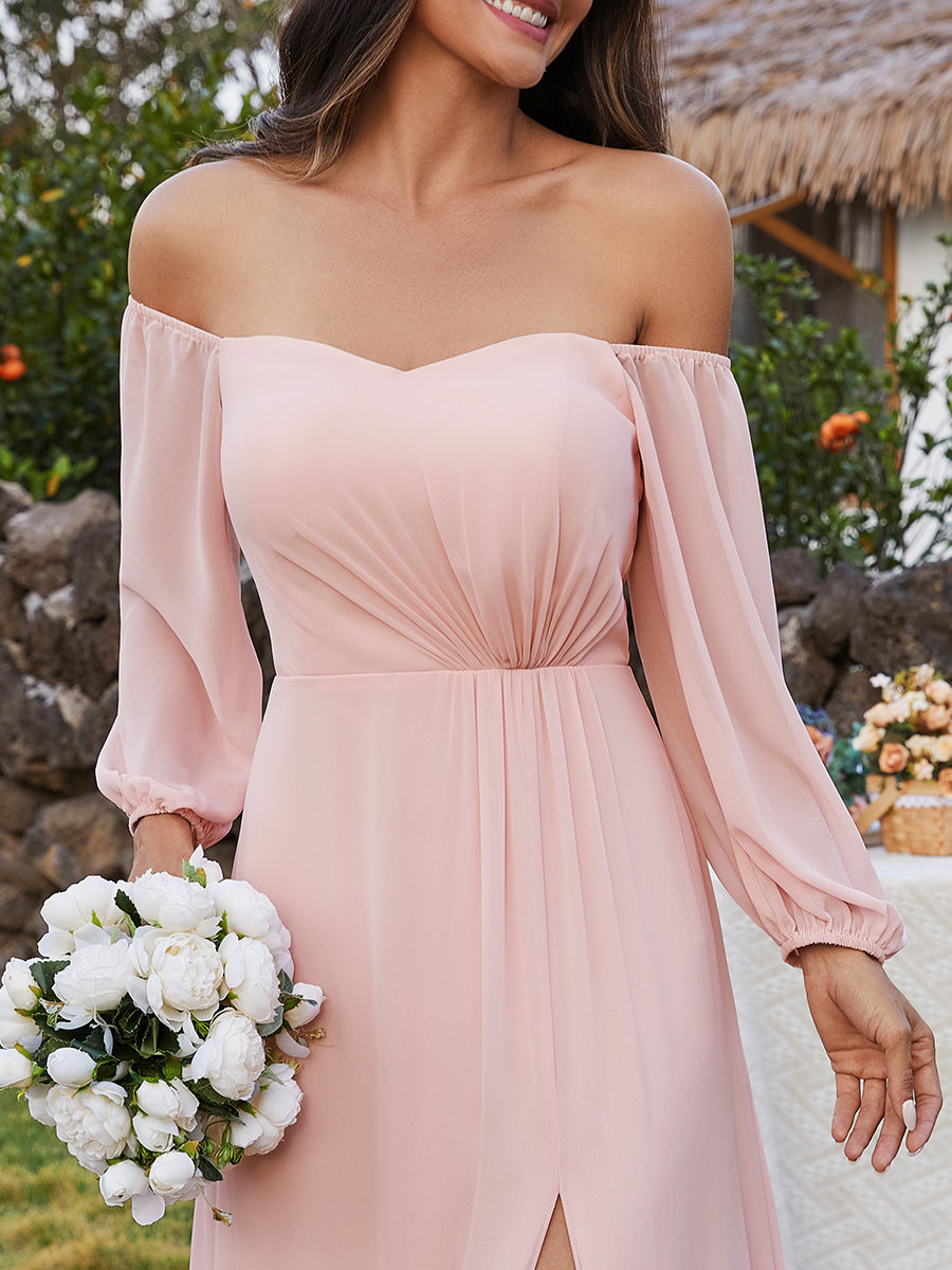 Color=Pink | Chiffon Maxi Long One Shoulder Wholesale Evening Dresses With Lantern Sleeves-Pink 2