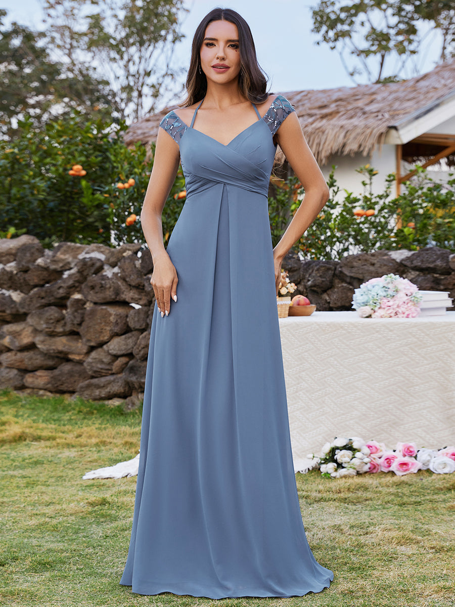 Color=Dusty Blue | Exquisite Bandage Off Shoulder Spaghetti Strap Evening Chiffon Bridesmaid Dresses with Asymmetrical Embroidery-Dusty Blue 1