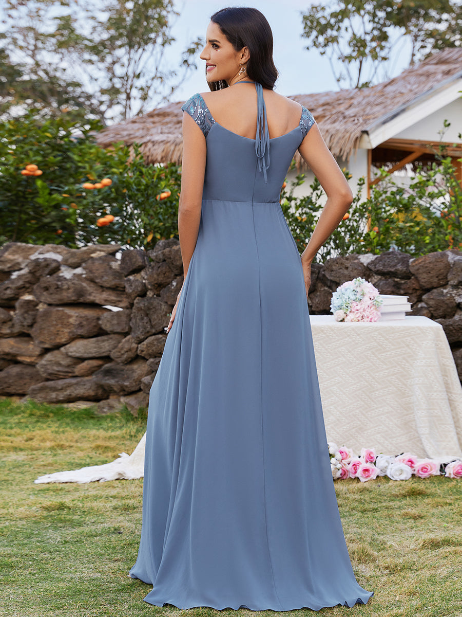 Color=Dusty Blue | Exquisite Bandage Off Shoulder Spaghetti Strap Evening Chiffon Bridesmaid Dresses with Asymmetrical Embroidery-Dusty Blue 2