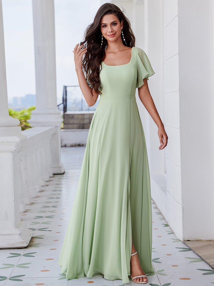 Color=Mint Green | Graceful Short Sleeves Lotus Leaf Backless Bridesmaids Dress Frenulum knotting A-Line Chiffon Dresses-Mint Green 18
