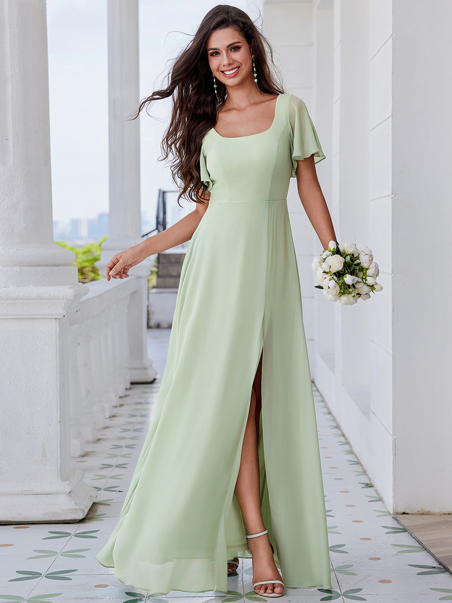 Color=Mint Green | Graceful Short Sleeves Lotus Leaf Backless Bridesmaids Dress Frenulum knotting A-Line Chiffon Dresses-Mint Green 19