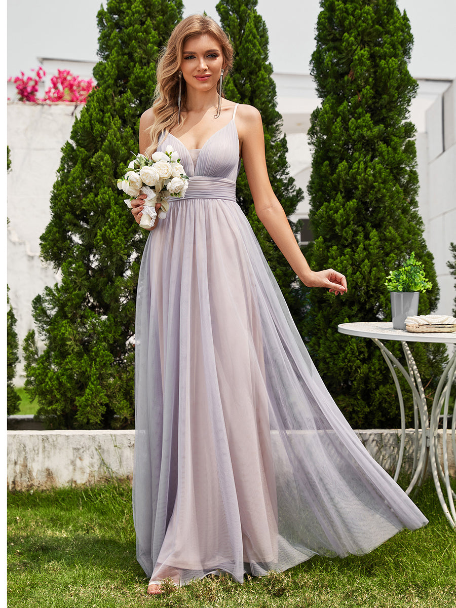Simple Deep V Neck See-Through Empire Waist Tulle Dresses Spaghetti St