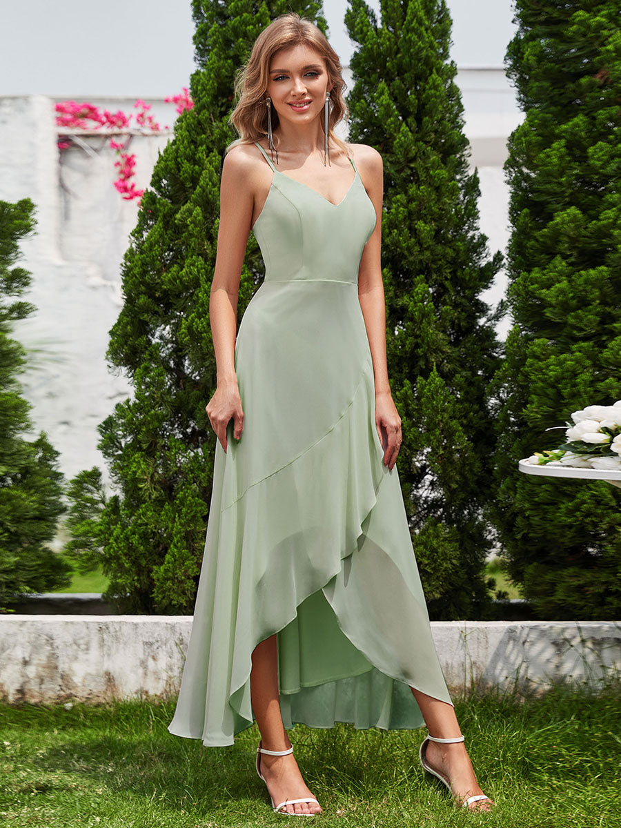 Color=Mint Green | Elegant A-Line Lotus Leaf Midi Length Chiffon Dresses with Asymmetrical Hem-Mint Green 8