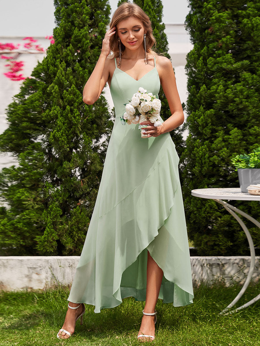 Color=Mint Green | Elegant A-Line Lotus Leaf Midi Length Chiffon Dresses with Asymmetrical Hem-Mint Green 9