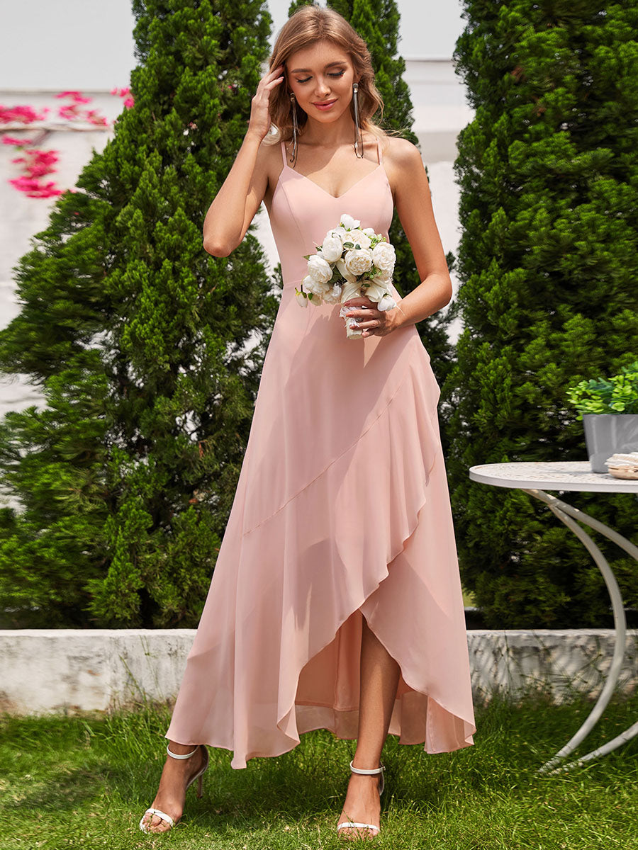 Color=Pink | Elegant A-Line Lotus Leaf Midi Length Chiffon Dresses with Asymmetrical Hem-Pink 14
