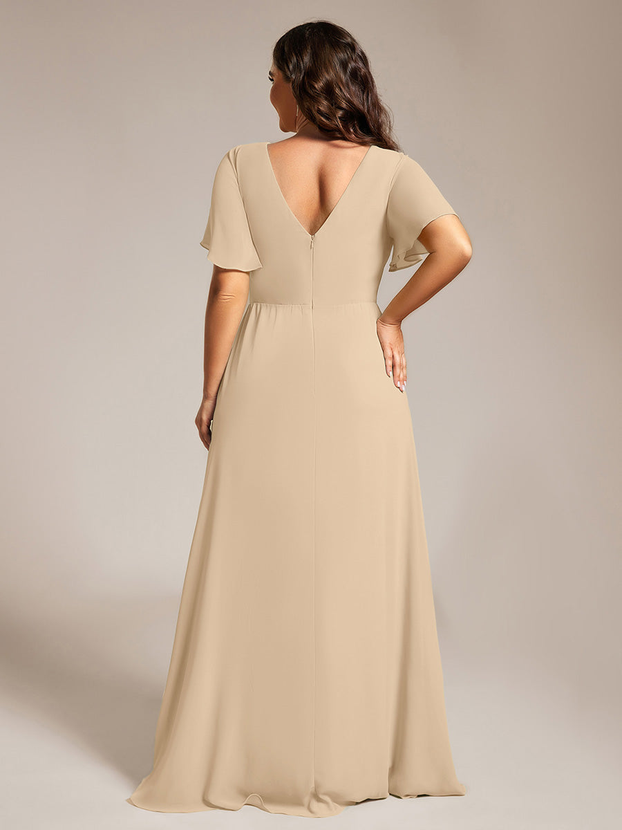 Color=Charcoal | Plus Size Lotus Leaf Ruffles Sleeve asymmetrical Ruched Empire Waist Chiffon Evening Dresses-Charcoal 12