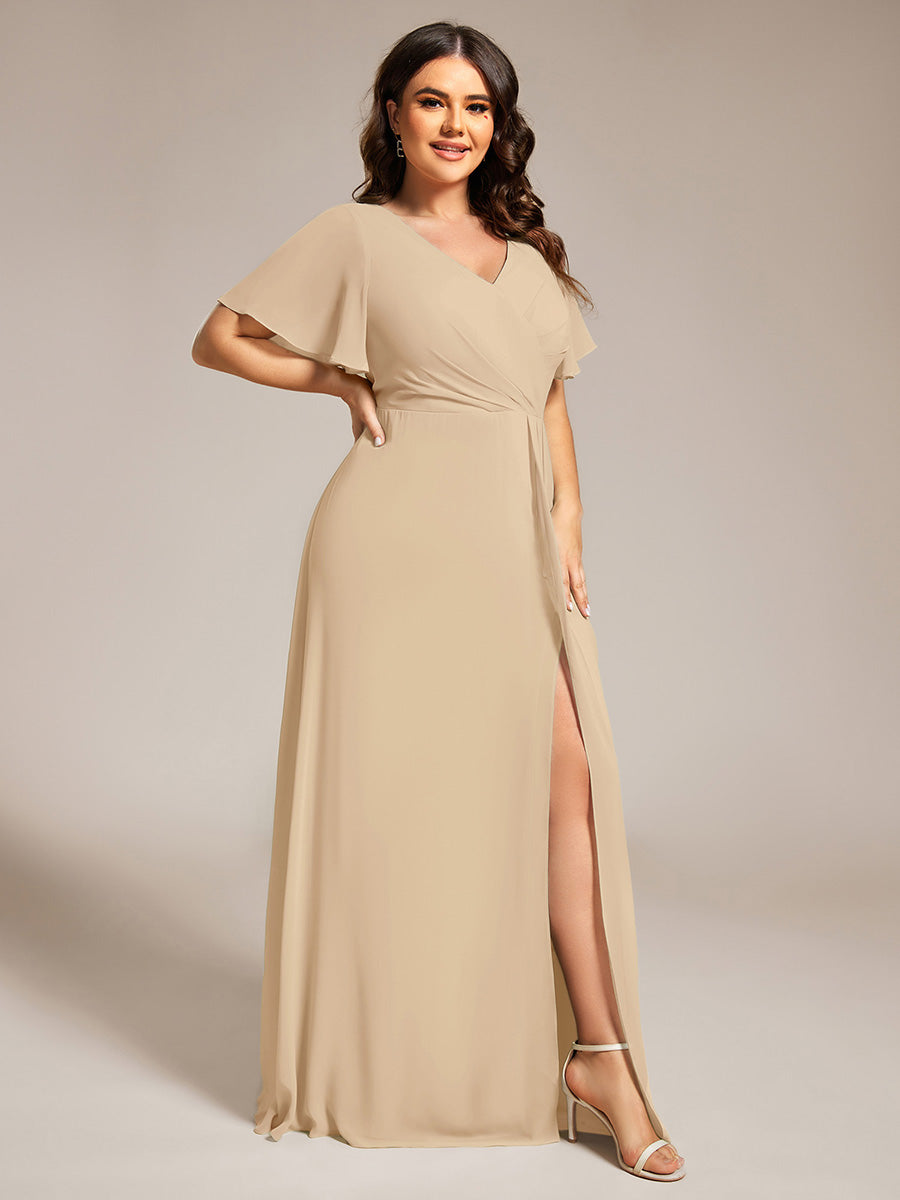 Color=Charcoal | Plus Size Lotus Leaf Ruffles Sleeve asymmetrical Ruched Empire Waist Chiffon Evening Dresses-Charcoal 13