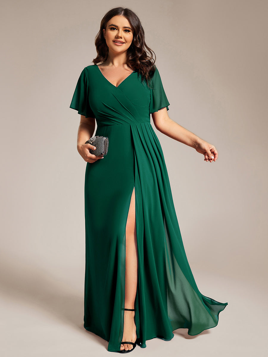 Color=Dark Green | Plus Size Lotus Leaf Ruffles Sleeve asymmetrical Ruched Empire Waist Chiffon Evening Dresses-Dark Green 16