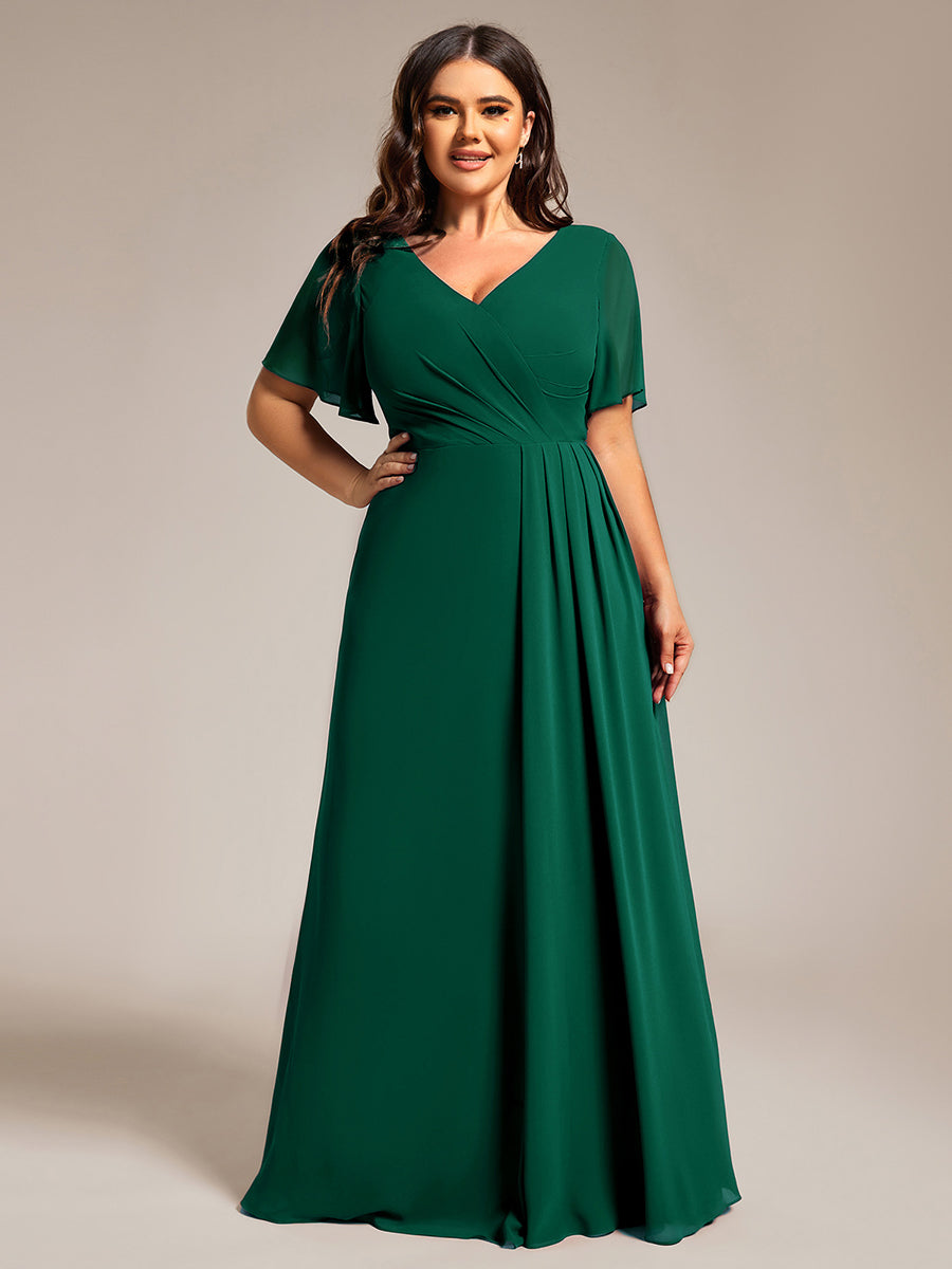Color=Dark Green | Plus Size Lotus Leaf Ruffles Sleeve asymmetrical Ruched Empire Waist Chiffon Evening Dresses-Dark Green 19