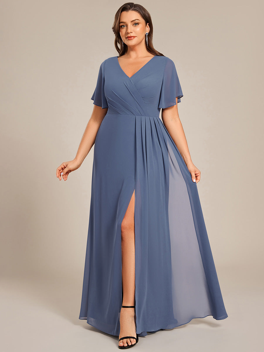 Color=Dusty Blue | Plus Size Lotus Leaf Ruffles Sleeve asymmetrical Ruched Empire Waist Chiffon Evening Dresses-Dusty Blue 21