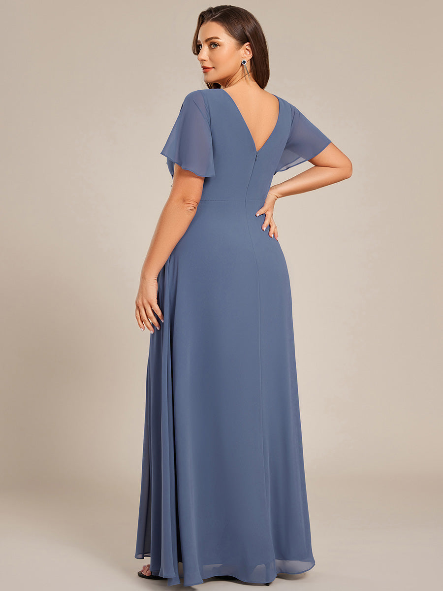 Color=Dusty Blue | Plus Size Lotus Leaf Ruffles Sleeve asymmetrical Ruched Empire Waist Chiffon Evening Dresses-Dusty Blue 22