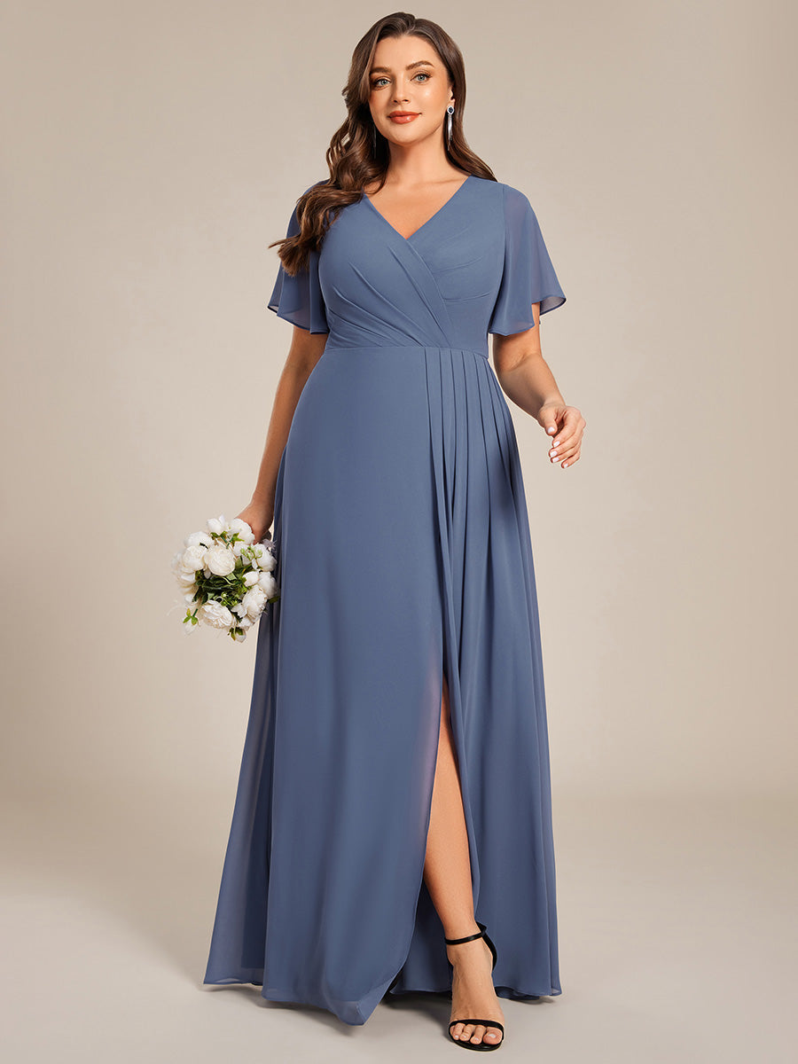 Color=Dusty Blue | Plus Size Lotus Leaf Ruffles Sleeve asymmetrical Ruched Empire Waist Chiffon Evening Dresses-Dusty Blue 24