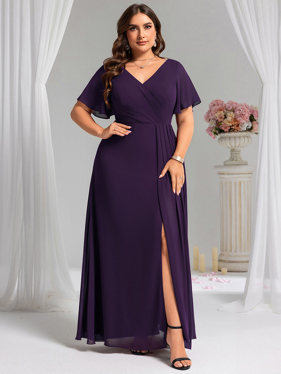Color=Dark Purple | Plus Size Lotus Leaf Ruffles Sleeve asymmetrical Ruched Empire Waist Chiffon Evening Dresses-Dark Purple 26