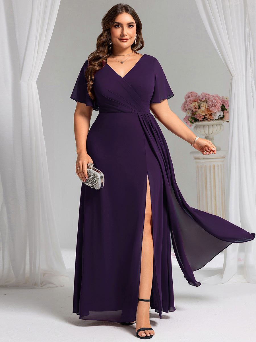 Color=Dark Purple | Plus Size Lotus Leaf Ruffles Sleeve asymmetrical Ruched Empire Waist Chiffon Evening Dresses-Dark Purple 28