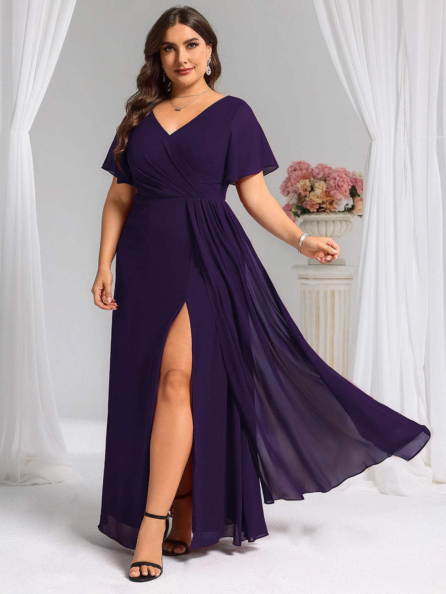 Color=Dark Purple | Plus Size Lotus Leaf Ruffles Sleeve asymmetrical Ruched Empire Waist Chiffon Evening Dresses-Dark Purple 29