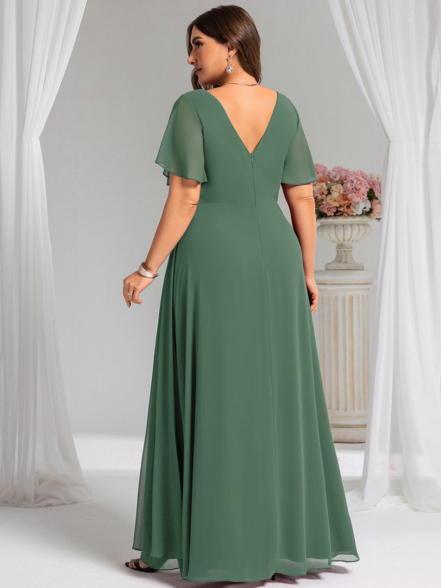 Color=Eucalyptus | Plus Size Lotus Leaf Ruffles Sleeve asymmetrical Ruched Empire Waist Chiffon Evening Dresses-Eucalyptus 32