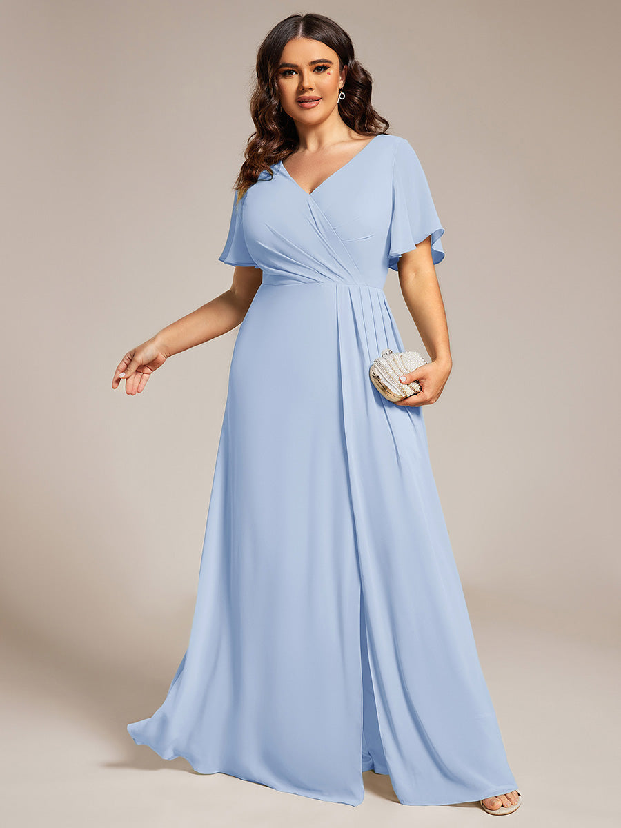 Color=Ice Blue | Plus Size Lotus Leaf Ruffles Sleeve asymmetrical Ruched Empire Waist Chiffon Evening Dresses-Ice Blue 40