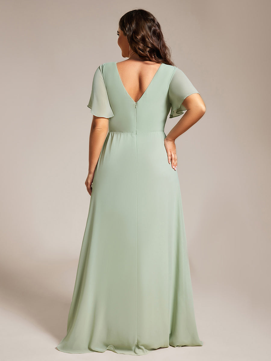Color=Mint Green | Plus Size Lotus Leaf Ruffles Sleeve asymmetrical Ruched Empire Waist Chiffon Evening Dresses-Mint Green 42