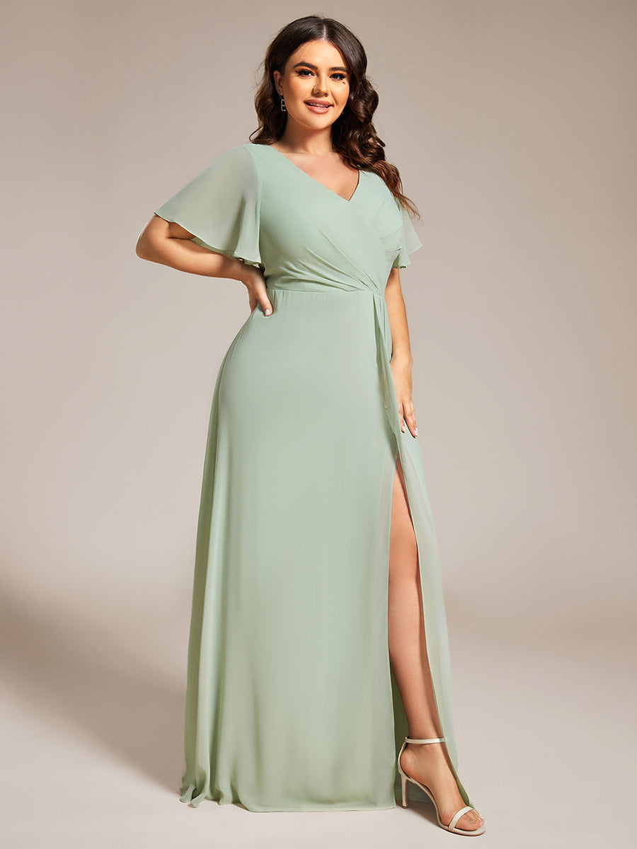 Color=Mint Green | Plus Size Lotus Leaf Ruffles Sleeve asymmetrical Ruched Empire Waist Chiffon Evening Dresses-Mint Green 44