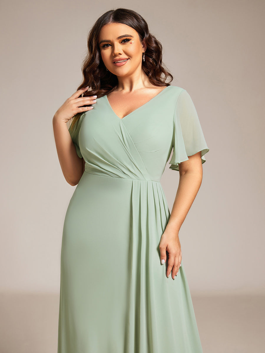Color=Mint Green | Plus Size Lotus Leaf Ruffles Sleeve asymmetrical Ruched Empire Waist Chiffon Evening Dresses-Mint Green 43