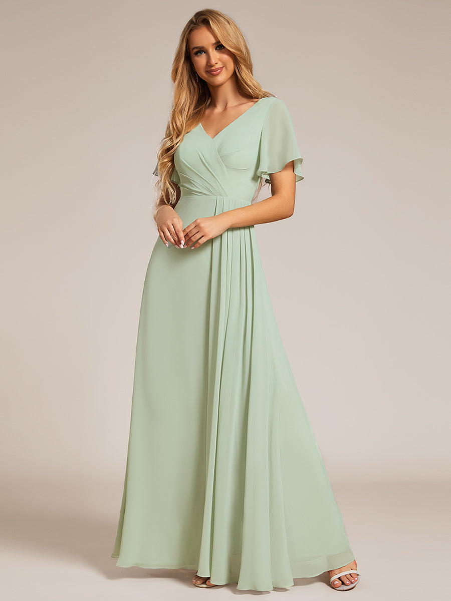 Color=Navy Blue | Elegant Lotus Leaf Ruffles Sleeve asymmetrical Ruched Empire Waist Chiffon Evening Dresses-Navy Blue 45