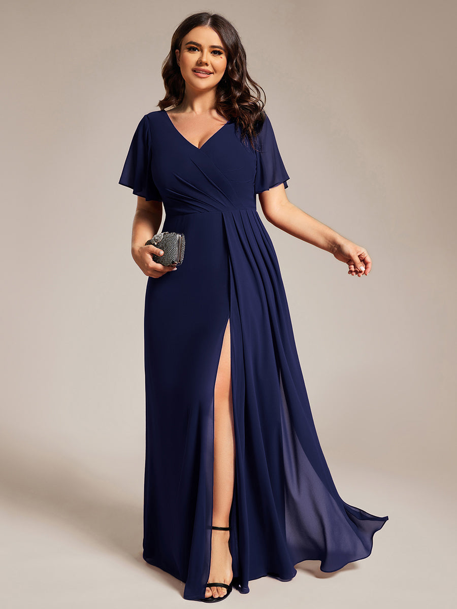 Color=Navy Blue | Plus Size Lotus Leaf Ruffles Sleeve asymmetrical Ruched Empire Waist Chiffon Evening Dresses-Navy Blue 46