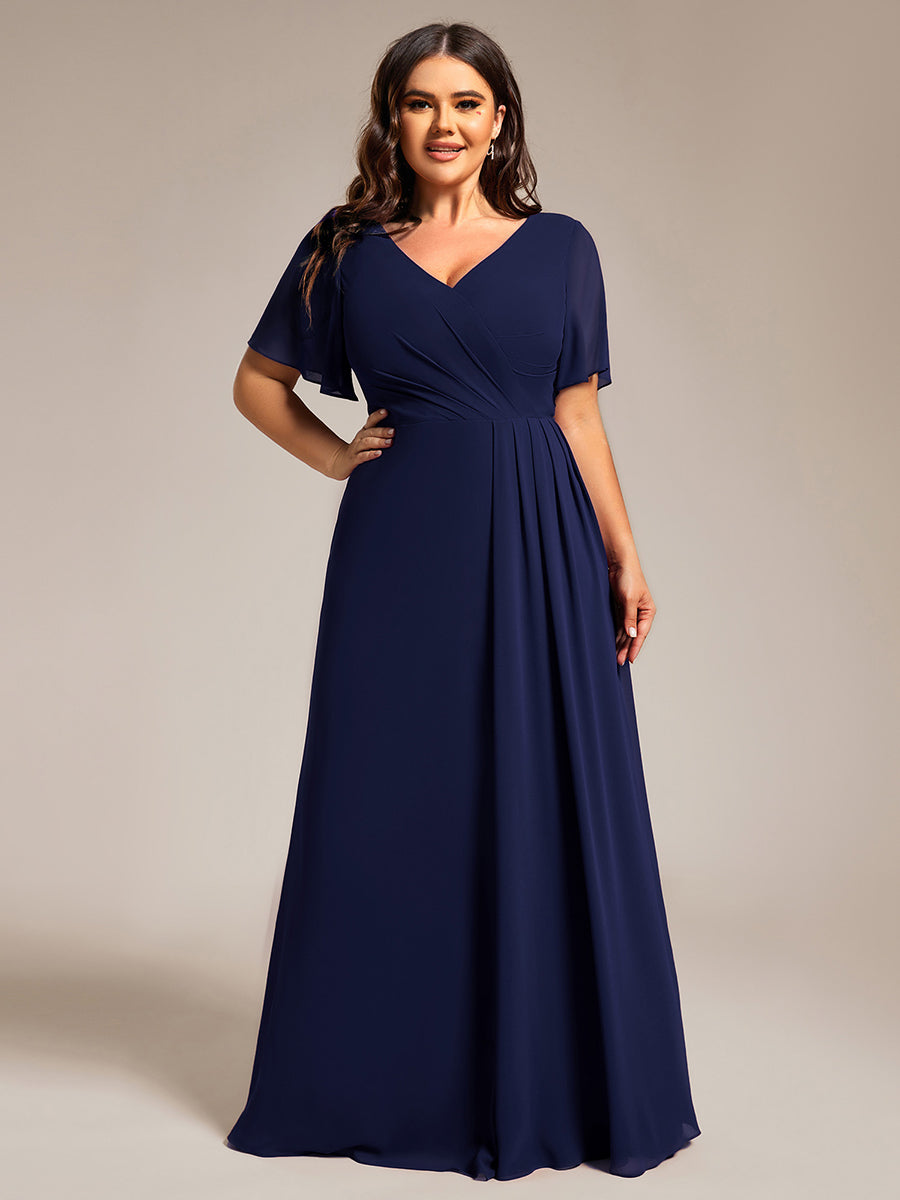 Color=Navy Blue | Plus Size Lotus Leaf Ruffles Sleeve asymmetrical Ruched Empire Waist Chiffon Evening Dresses-Navy Blue 50