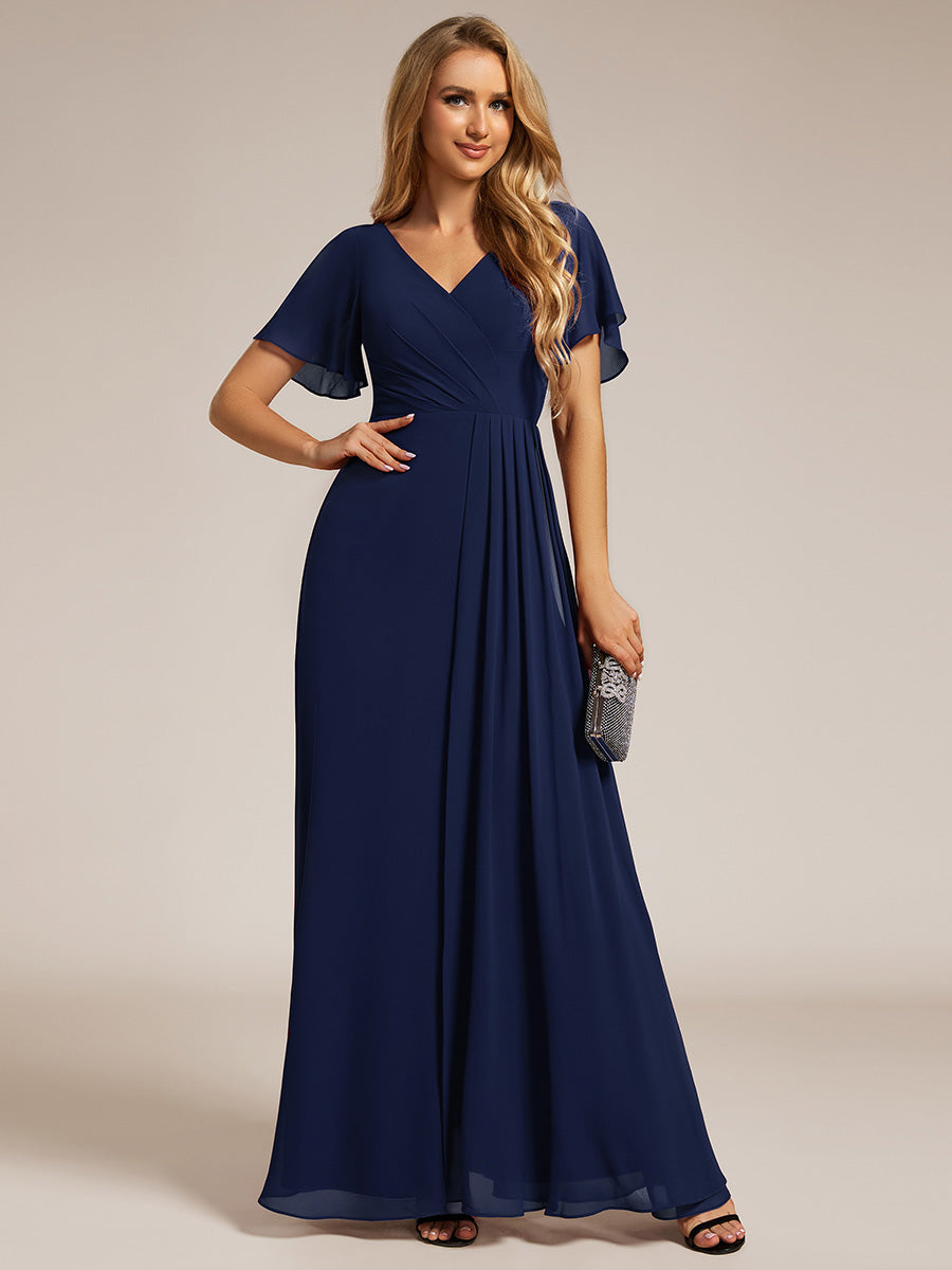 Color=Navy Blue | Elegant Lotus Leaf Ruffles Sleeve asymmetrical Ruched Empire Waist Chiffon Evening Dresses-Navy Blue 41
