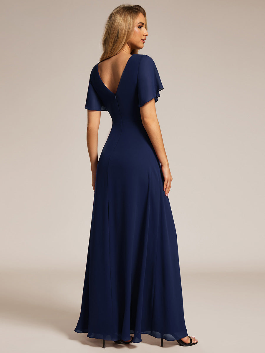 Color=Navy Blue | Elegant Lotus Leaf Ruffles Sleeve asymmetrical Ruched Empire Waist Chiffon Evening Dresses-Navy Blue 42