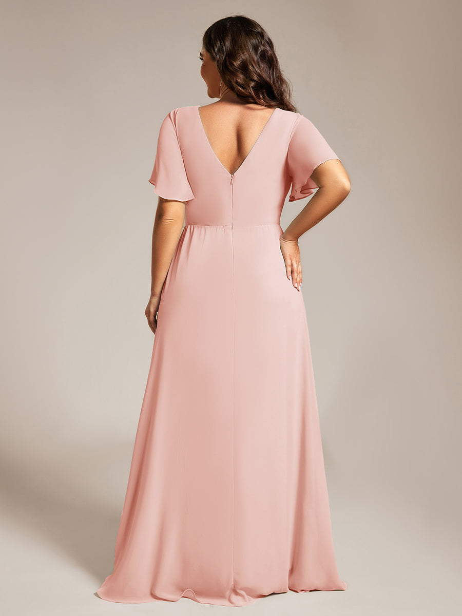 Color=Pink | Plus Size Lotus Leaf Ruffles Sleeve asymmetrical Ruched Empire Waist Chiffon Evening Dresses-Pink 52