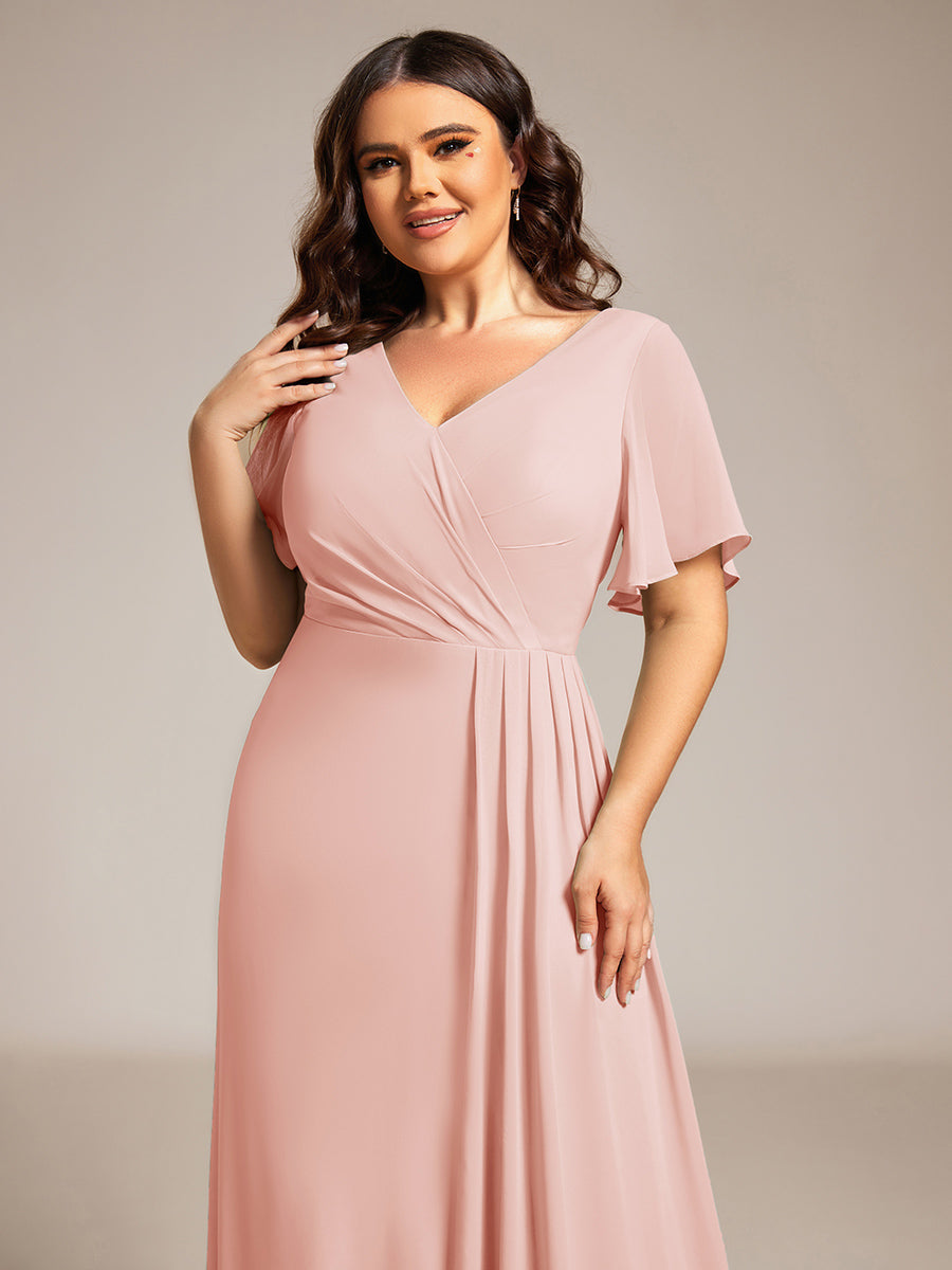 Color=Pink | Plus Size Lotus Leaf Ruffles Sleeve asymmetrical Ruched Empire Waist Chiffon Evening Dresses-Pink 53