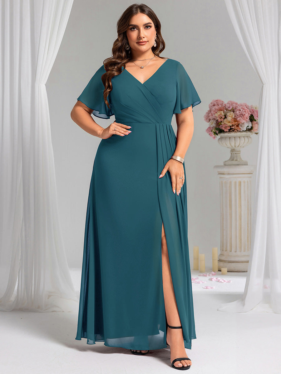 Color=Teal | Plus Size Lotus Leaf Ruffles Sleeve asymmetrical Ruched Empire Waist Chiffon Evening Dresses-Teal 56
