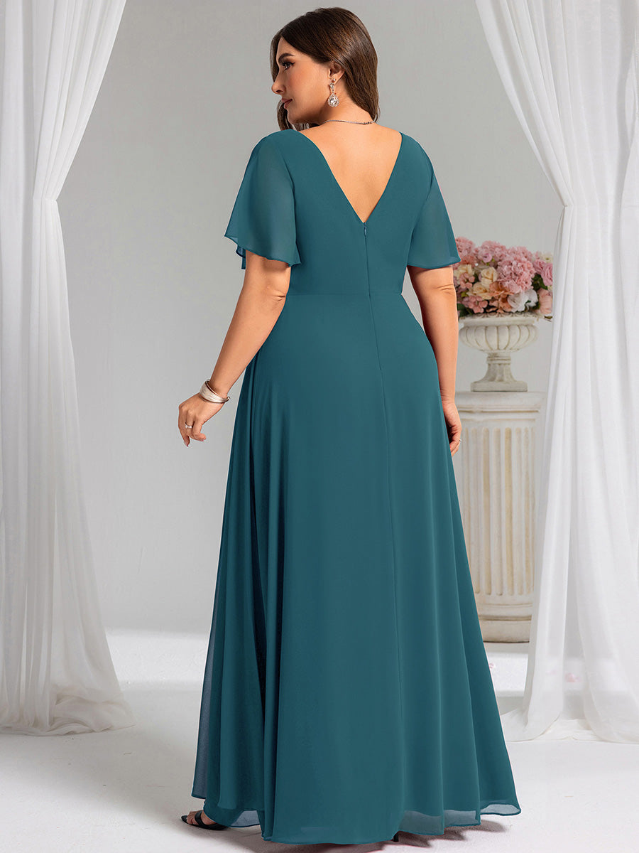 Color=Teal | Plus Size Lotus Leaf Ruffles Sleeve asymmetrical Ruched Empire Waist Chiffon Evening Dresses-Teal 57