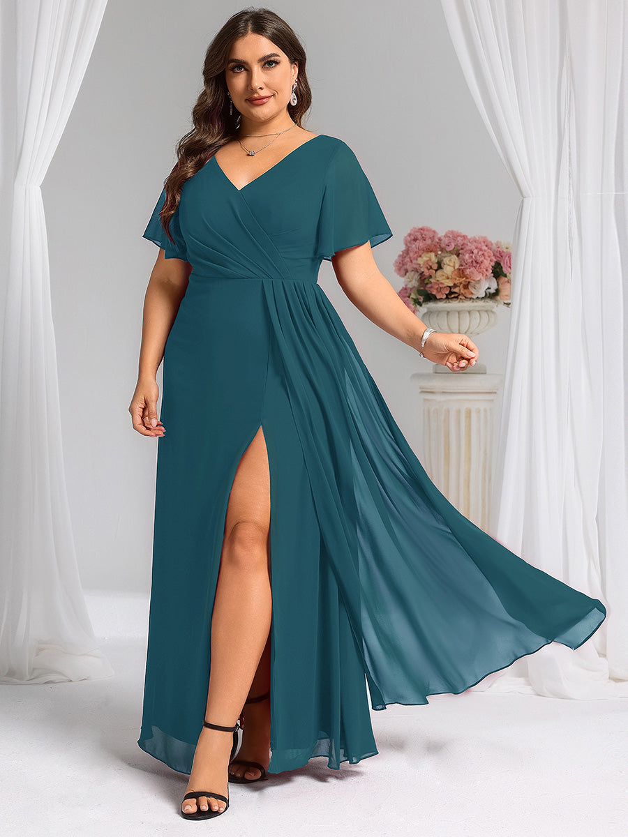 Color=Teal | Plus Size Lotus Leaf Ruffles Sleeve asymmetrical Ruched Empire Waist Chiffon Evening Dresses-Teal 60