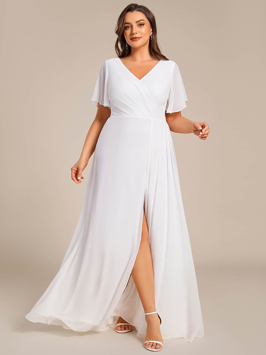 Color=White | Plus Size Lotus Leaf Ruffles Sleeve asymmetrical Ruched Empire Waist Chiffon Evening Dresses-White 61